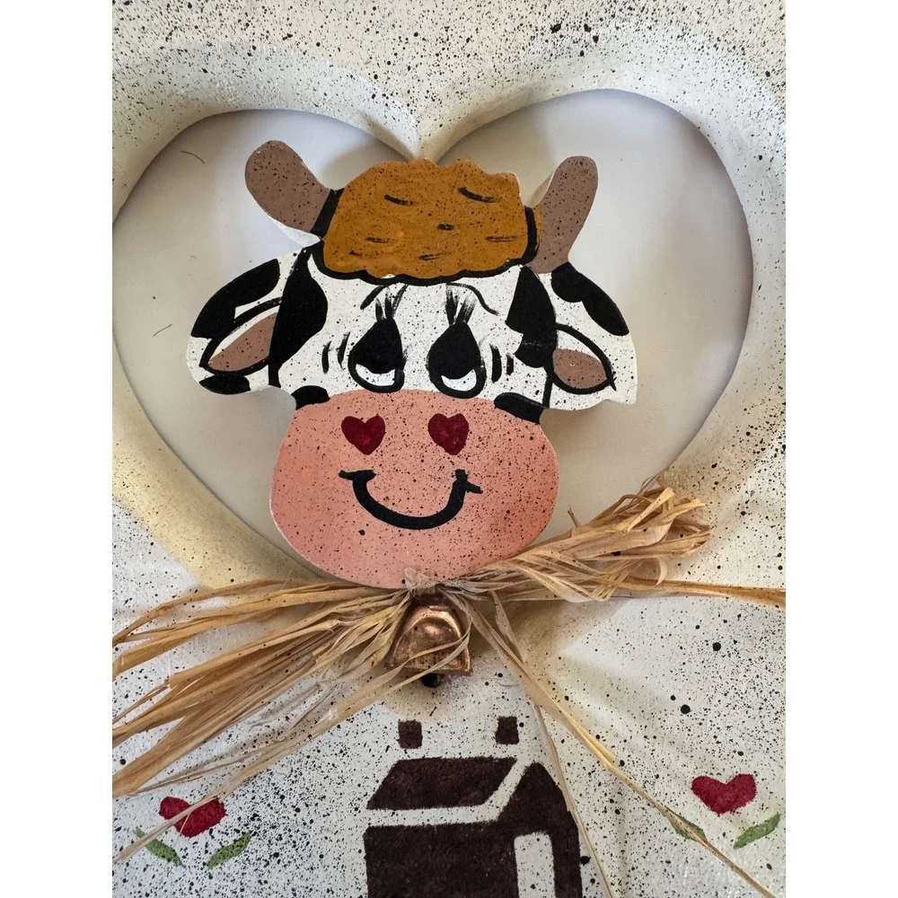 Vintage Farmhouse Wooden Milk Bottle Wall Decor Hand Painted Cow Heart Cutout